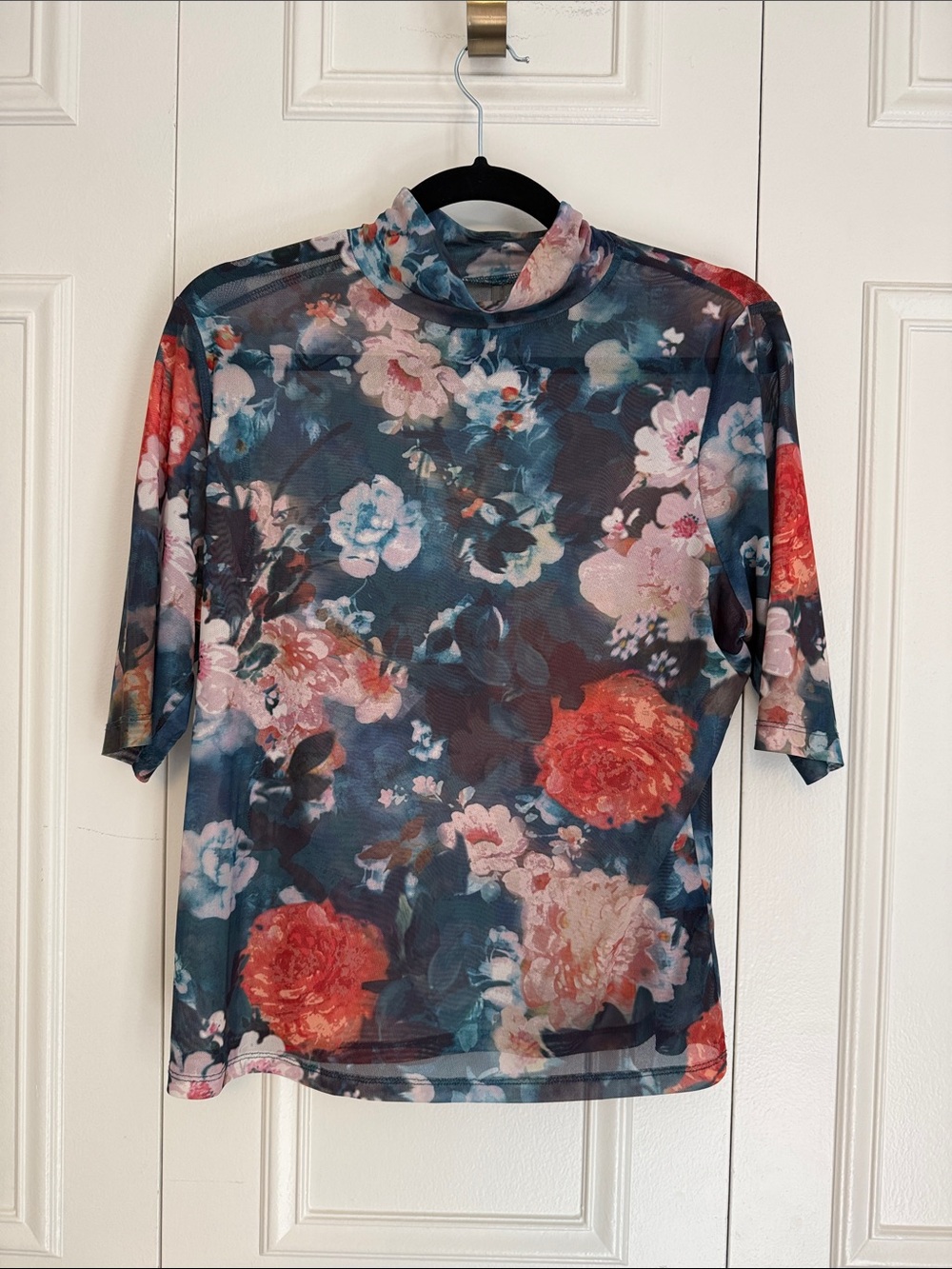 Anthropologie Navy Floral Sheer Mock Neck Tee with Coral Blooms